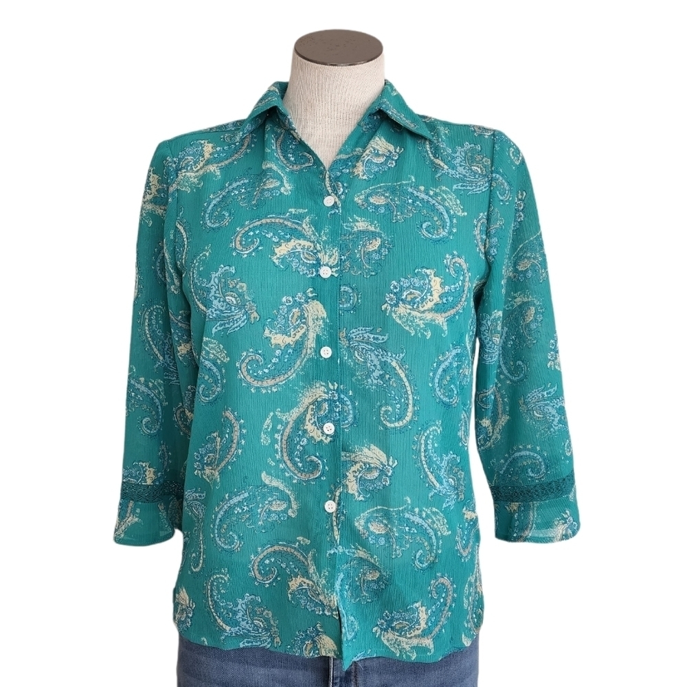 Liz Claiborne Teal Sheer Paisley Print Button Qurtar Sleeve Women's Top Size SP